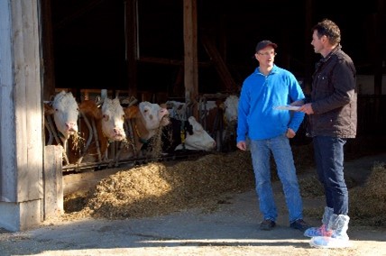 Farmer explaining to advisor the feeding system he uses and takes hm around his farm.